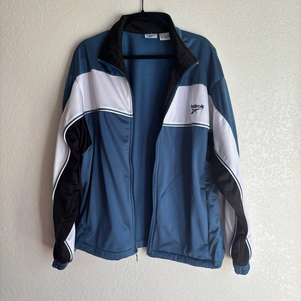 Vintage Reebok Jacket Mens Large White Blue Black Full Zip Pockets Track 90s